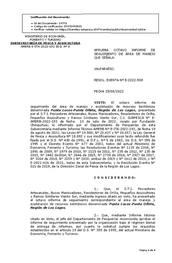 RESOL. EXENTA Nº E-2022-508 Aprueba 8° Seguimiento. (Publicado en Página Web 26-08-2022)