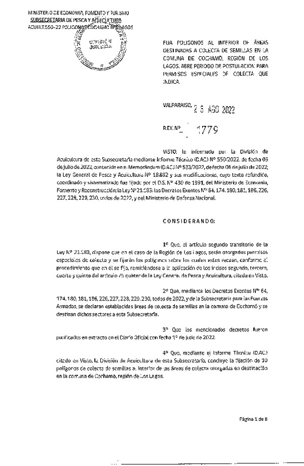 Res. Ex. N° 1779-2022 Fija Polígonos al Interior de Área Destinadas a Colecta de Semillas en la Comuna de Cochamó, Región de Los Lagos, Abre Período de Postulación para Permisos Especiales de Colecta que Indica. (Publicado en Página Web 29-08-2022)