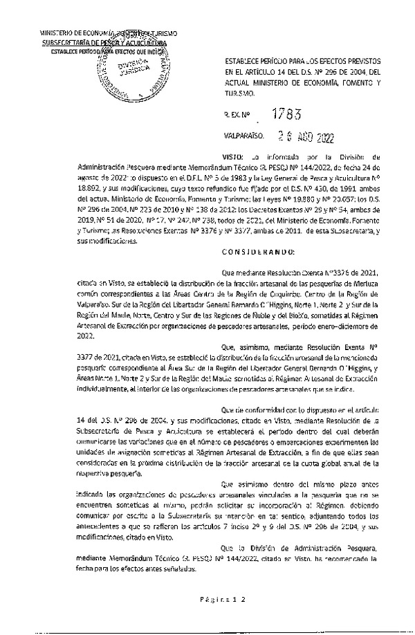 Res. Ex. N° 1783-2022 Establece Período para los Efectos Previstos en el Artículo 14 del D.S. N° 296 de 2004. (Publicado en Página Web 29-08-2022)