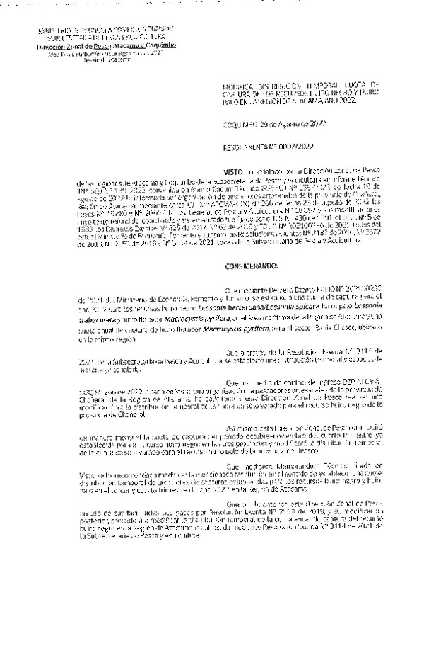 Res. Ex. N° 0007-2022 (DZP  Atacama y Coquimbo) Modifica Res. Ex. N° 3414-2021 de esta Subsecretaría, que estableció distribución de la cuota de captura Algas Pardas en la Región de Atacama, año 2022. Publicado en Página Web 30-08-2022)