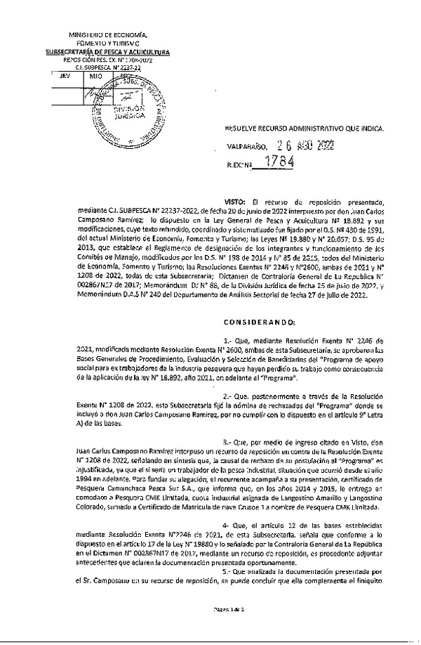 Res. Ex. N° 1784-2022 Resuelve recurso administrativo que indica. (Publicado en Página Web 30-08-2022)