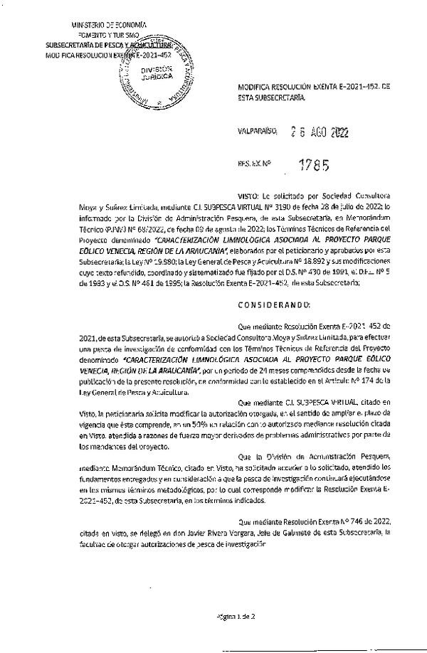 Res. Ex.  N° 1785-2022 Modifica R. EX. Nº E-2021-452 CARACTERIZACIÓN LIMNOLÓGICA ASOCIADA AL PROYECTO PARQUE EÓLICO VENECIA, REGIÓN DE LA ARAUCANÍA. (Publicado en Página Web 30-08-2022)