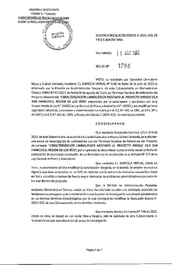 Res. Ex.  N° 1786-2022 Modifica R. EX. Nº E-2021-620 CARACTERIZACIÓN LIMNOLÓGICA ASOCIADO AL PROYECTO PARQUE ISLA SAN FRANCISCO, REGIÓN DE LOS RÍOS. (Publicado en Página Web 30-08-2022)