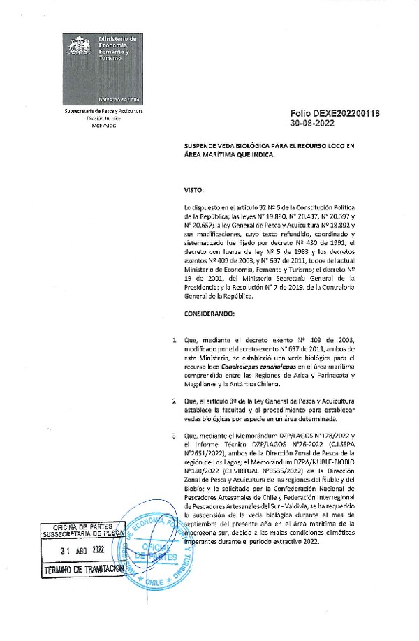 Dec. Ex. Folio N°202200118 Suspende Veda Biológica para el Recurso Loco en el Área Marítima a las Áreas de Manejo de las Regiones de Ñuble, Biobío, Los Ríos y Los Lagos. (Publicado en Página Web 31-08-2022)