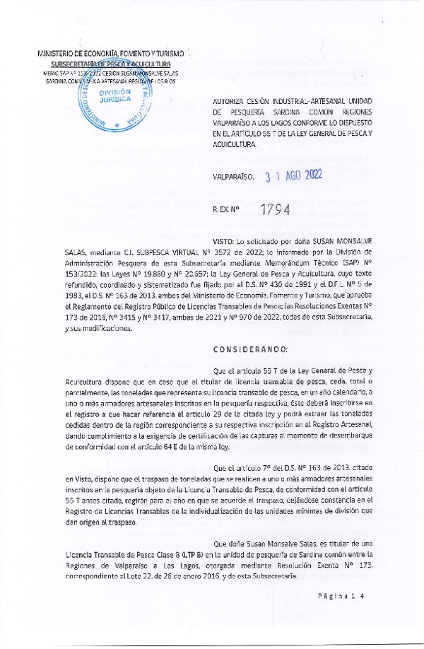Res. Ex. N° 1794-2022, Autoriza Cesión unidad de pesquería Sardina común, Regiones Valparaíso a Los Lagos. (Publicado en Página Web 31-08-2022)