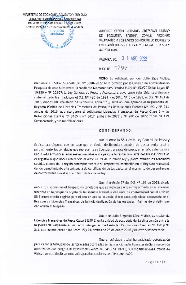 Res. Ex. N° 1797-2022, Autoriza Cesión unidad de pesquería Sardina común, Regiones Valparaíso a Los Lagos. (Publicado en Página Web 31-08-2022)