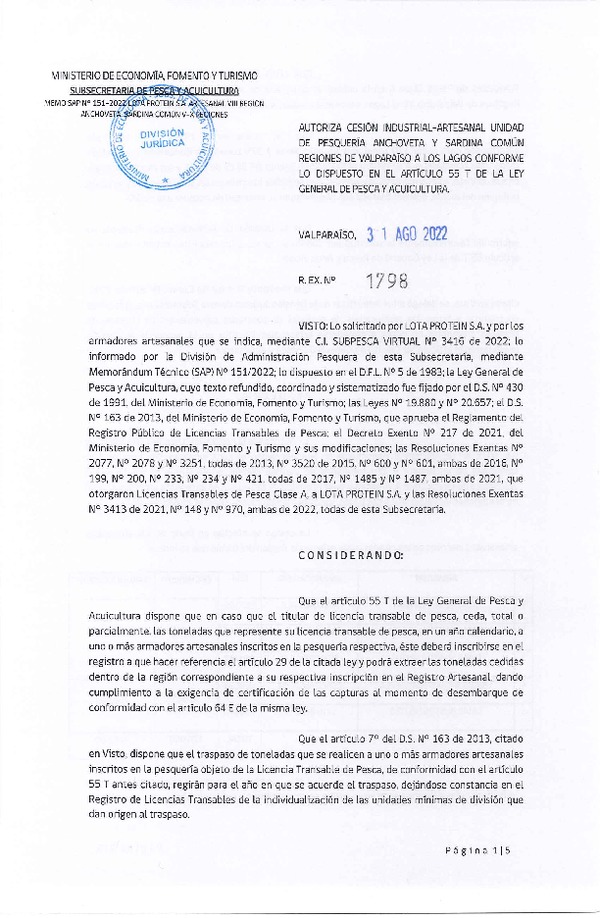 Res. Ex. N° 1798-2022, Autoriza Cesión unidad de pesquería Anchoveta y Sardina común, Regiones Valparaíso a Los Lagos. (Publicado en Página Web 31-08-2022)