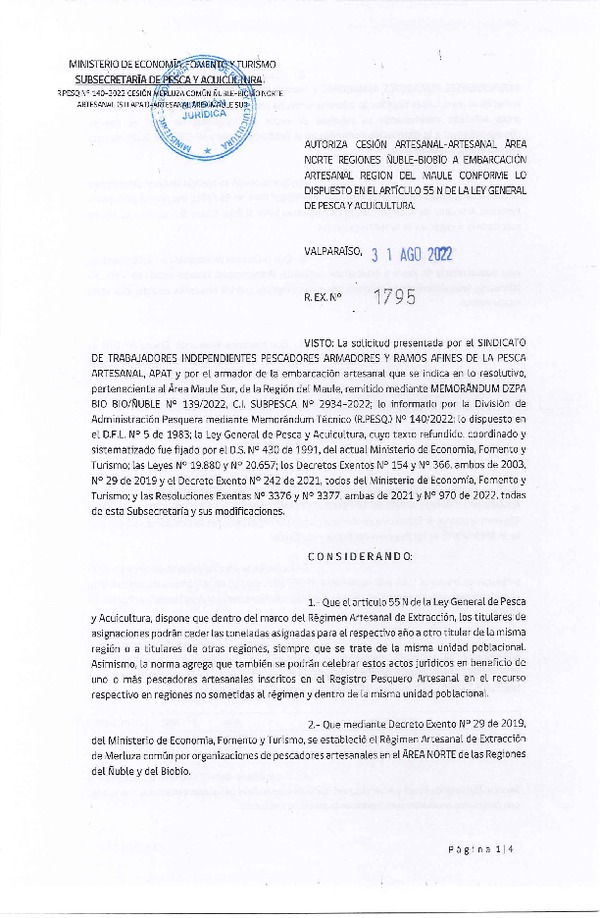 Res. Ex. N° 1795-2022 Autoriza Cesión de Merluza común, Región del Biobío a Región del Maule. (Publicado en Página Web 31-08-2022)