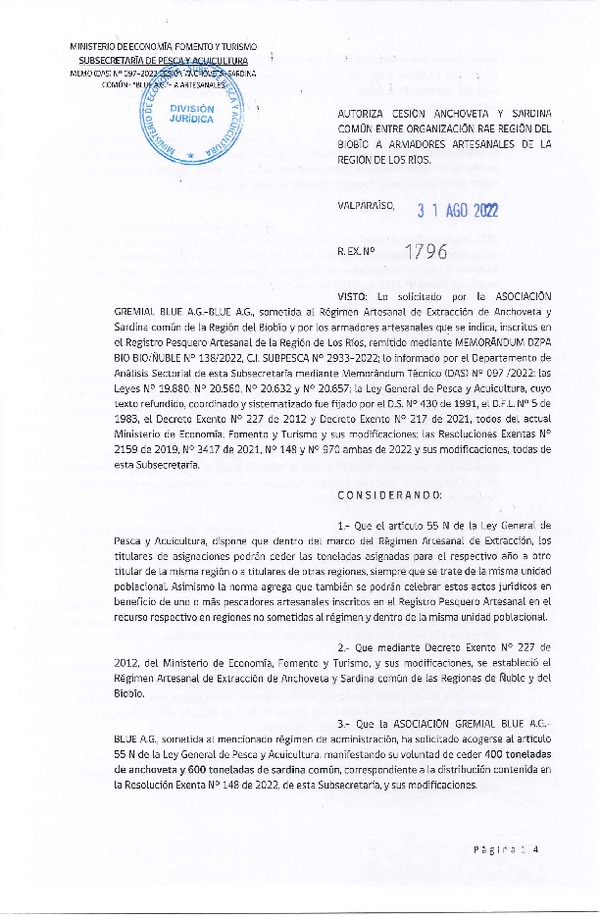 Res. Ex. N° 1796-2022 Autoriza Cesión de Anchoveta y Sardina Común, Región del Biobío a Región del Los Ríos. (Publicado en Página Web 31-08-2022)
