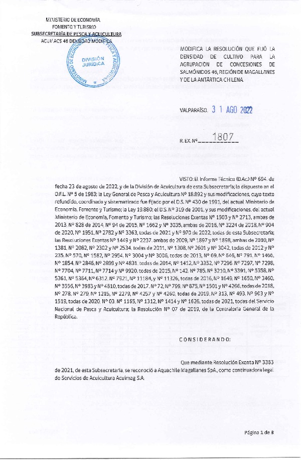 Res. Ex. N° 1807-2022 Modifica Res. Ex. N° 1951-2021 Fija densidad de cultivo para las agrupación de concesiones de salmónidos 46 en la Región de Magallanes y de La Antártica Chilena.(Con Informe Técnico) (Publicado en Página Web 31-08-2022)