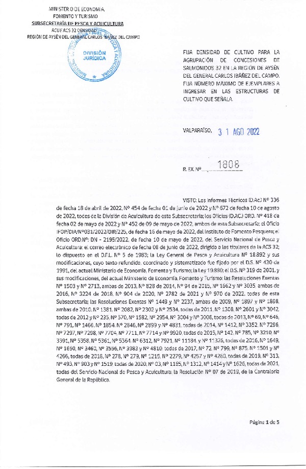 Res. Ex. N° 1808-2022 Fija densidad de cultivo para la agrupación de concesiones de salmónidos 32, en la Región de Aysén. (Con Informe Técnico) (Publicado en Página Web 31-08-2022)