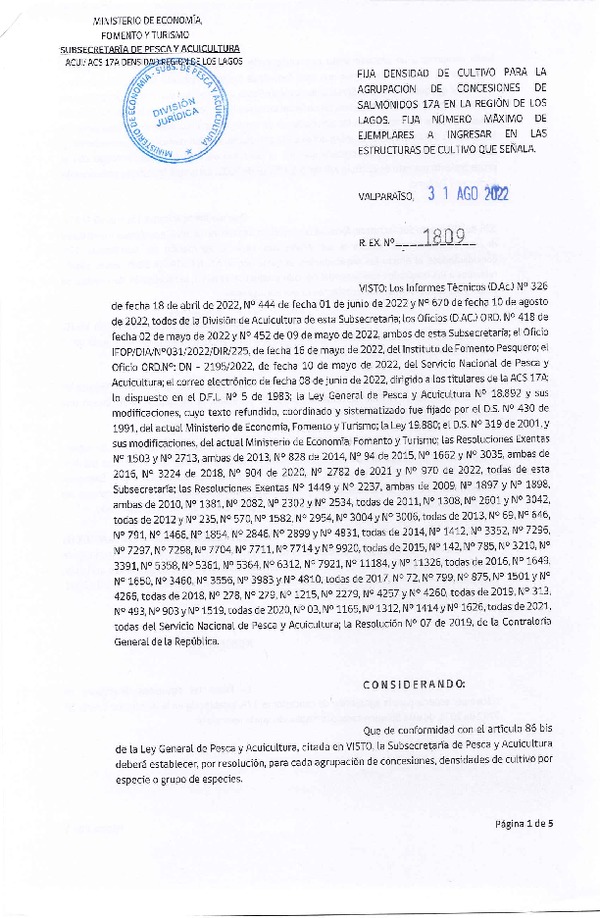 Res. Ex. N° 1809-2022 Fija densidad de cultivo para la agrupación de concesiones de salmónidos 17A, en la Región de Aysén. (Con Informe Técnico) (Publicado en Página Web 31-08-2022)