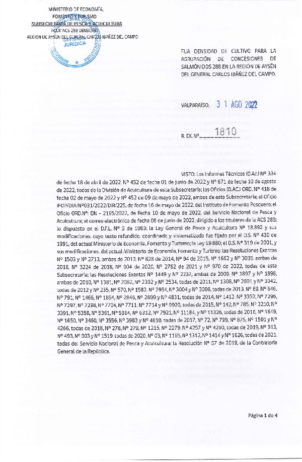 Res. Ex. N° 1810-2022 Fija densidad de cultivo para la agrupación de concesiones de salmónidos 28B, en la Región de Aysén. (Con Informe Técnico) (Publicado en Página Web 31-08-2022)