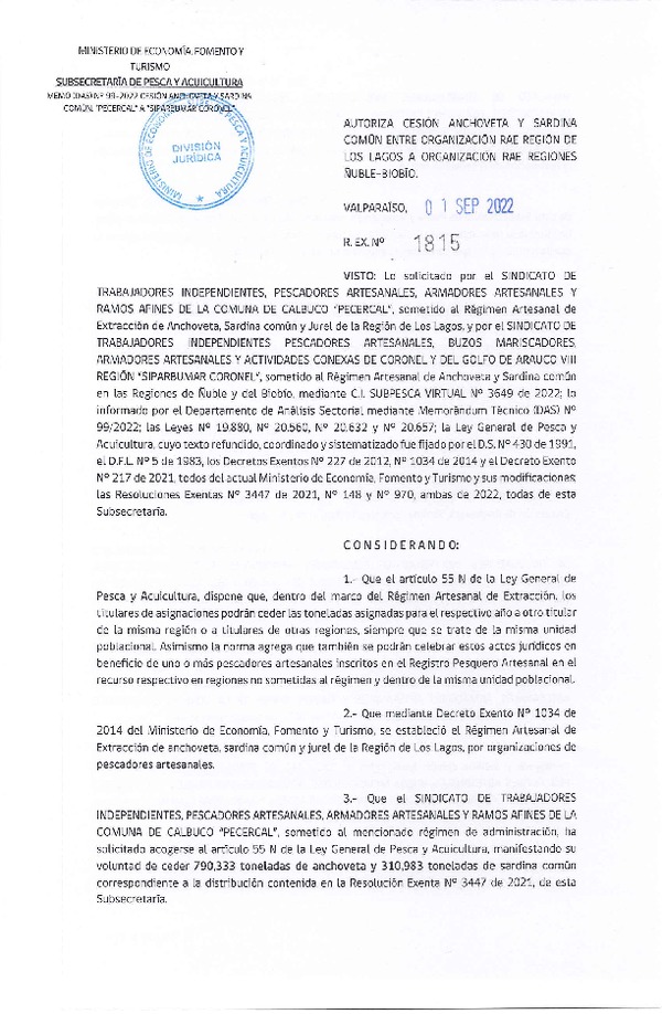 Res. Ex. N° 1815-2022 Autoriza Cesión Anchoveta y Sardina común, Región de Los Lagos a Ñuble-Biobío. (Publicado en Página Web 01-09-2022)