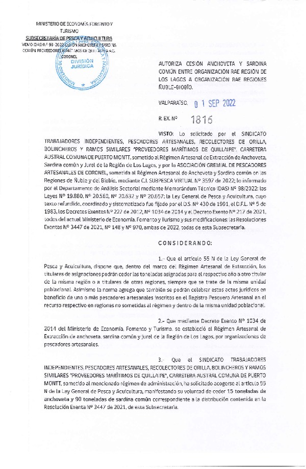 Res. Ex. N° 1816-2022 Autoriza Cesión Anchoveta y Sardina común, Región de Los Lagos a Ñuble-Biobío. (Publicado en Página Web 01-09-2022)