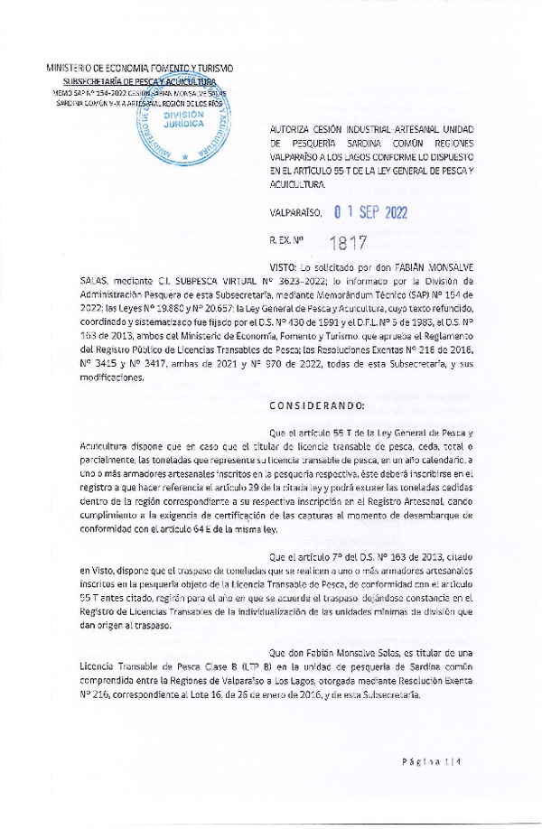 Res. Ex. N° 1817-2022, Autoriza Cesión unidad de pesquería Anchoveta y Sardina común, Regiones Valparaíso a Los Lagos. (Publicado en Página Web 01-09-2022)