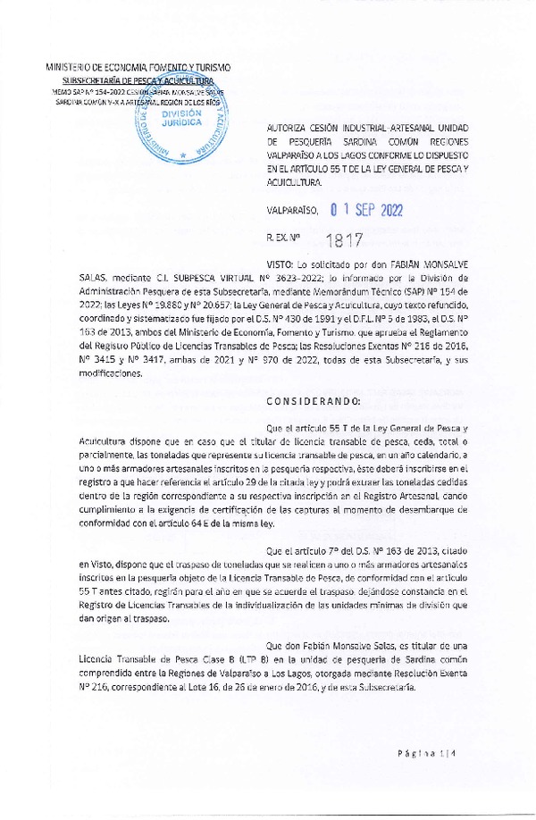Res. Ex. N° 1817-2022, Autoriza Cesión unidad de pesquería Anchoveta y Sardina común, Regiones Valparaíso a Los Lagos. (Publicado en Página Web 01-09-2022)