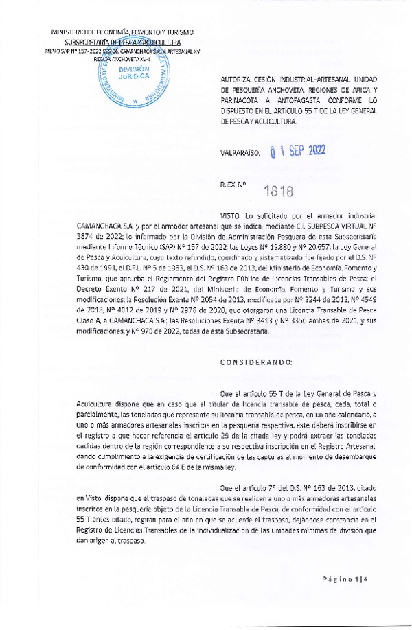 Res. Ex. N° 1818-2022 Autoriza Cesión Anchoveta, Regiones de Arica y Parinacota a Región de Antofagasta. (Publicado en Página Web 01-09-2022)