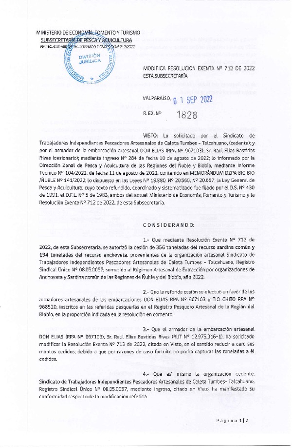 Res. Ex. N° 1828-2022 Modifica Res. Ex. N° 0712-2022 Autoriza Cesión de Anchoveta y sardina común, Regiones de Ñuble y del Biobío. (Publicado en Página Web 01-09-2022)