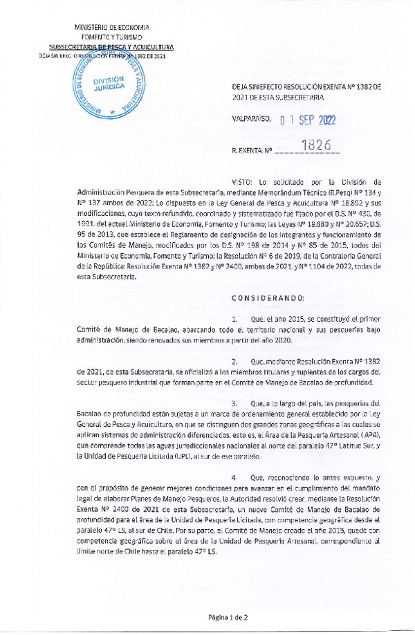 Res. Ex. N° 1826-2022 Deja sin efecto Res. Ex. N° 1382-2021. (Publicado en Página Web 01-09-2022)