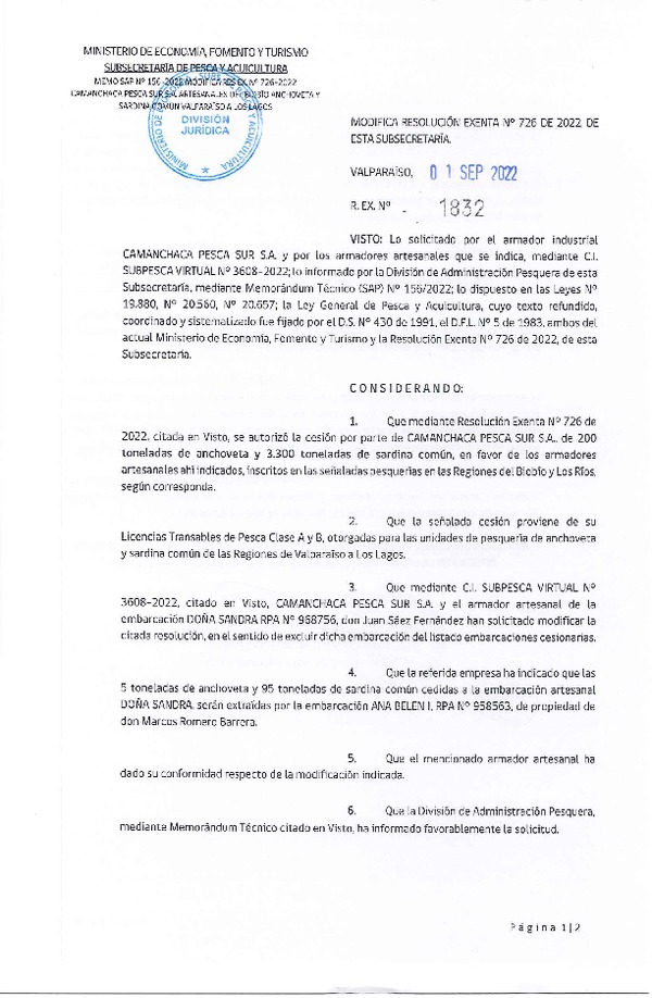 Res. Ex. N° 1832-2022 Modifica Res. Ex. N° 726-2022, Autoriza Cesión unidad de pesquería Anchoveta y Sardina Común, Regiones Valparaíso a Los Lagos. (Publicado en Página Web 01-09-2022)