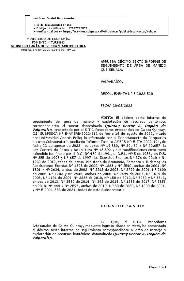 RESOL. EXENTA Nº E-2022-520 Aprueba 6° Seguimiento. (Publicado en Página Web 01-09-2022)