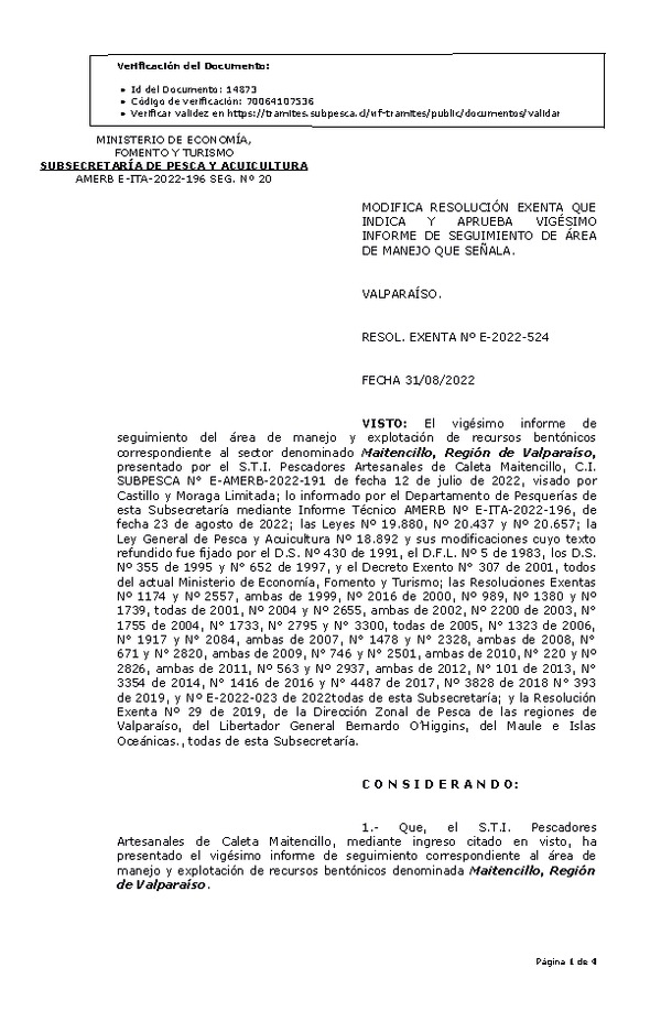 RESOL. EXENTA Nº E-2022-524 Modifica resolución que indica, Aprueba 20° seguimiento. (Publicado en Página Web 01-09-2022)