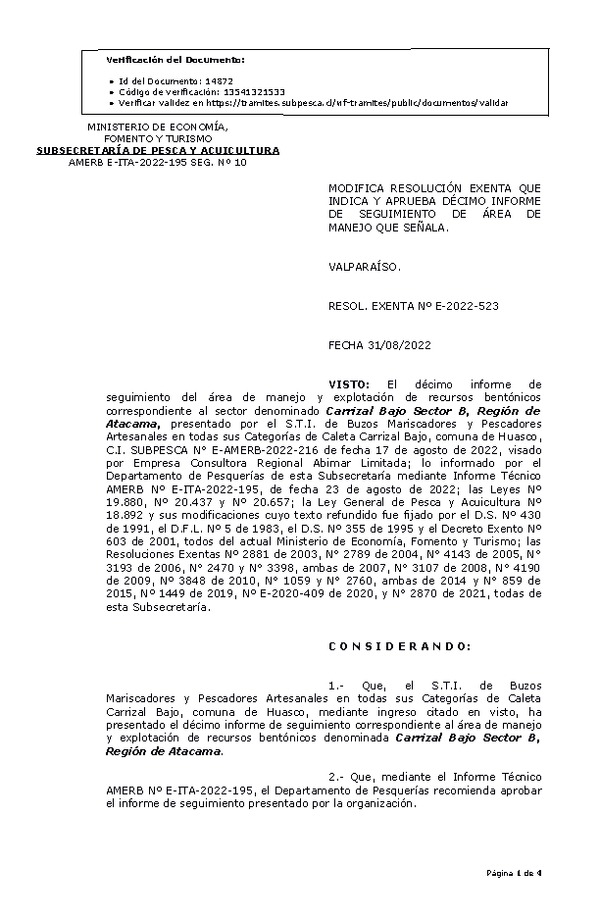 RESOL. EXENTA Nº E-2022-523 Modifica Resolución que Indica. Aprueba 10° Seguimiento. (Publicado en Página Web 01-09-2022)