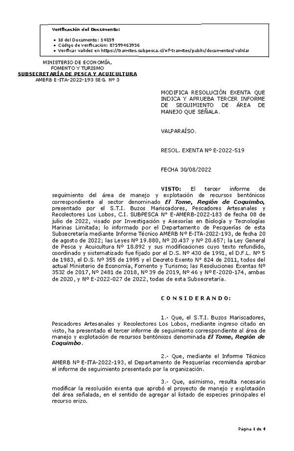 RESOL. EXENTA Nº E-2022-519 Modifica resolución que indica, Aprueba 3° seguimiento. (Publicado en Página Web 01-09-2022)