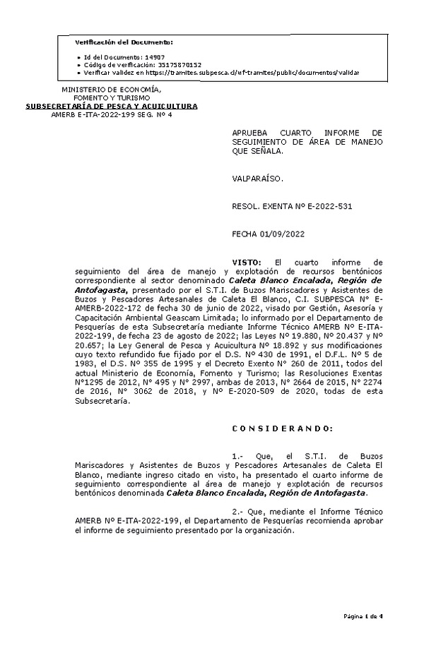 RESOL. EXENTA Nº E-2022-531 Aprueba 4° seguimiento. (Publicado en Página Web 05-09-2022)