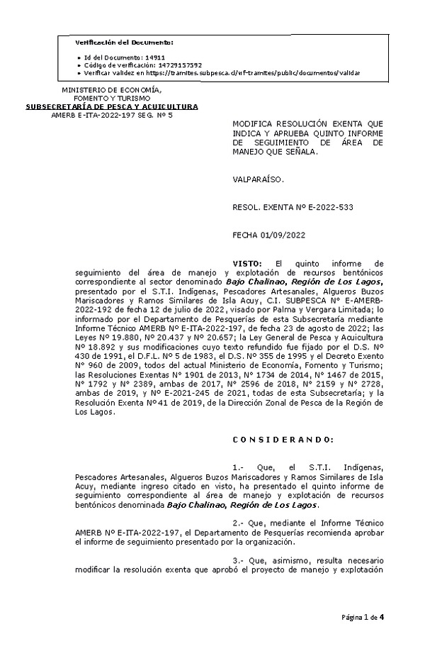 RESOL. EXENTA Nº E-2022-533 Modifica resolución que indica, Aprueba 5° seguimiento. (Publicado en Página Web 05-09-2022)