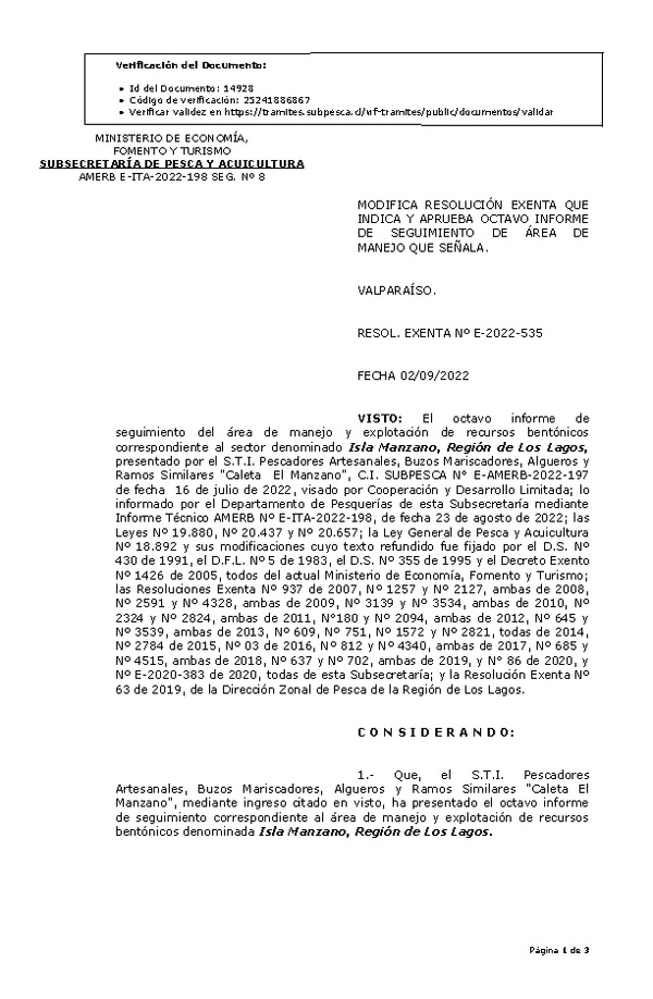 RESOL. EXENTA Nº E-2022-535 Modifica resolución que indica, Aprueba 8° seguimiento. (Publicado en Página Web 05-09-2022)