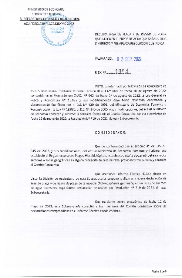 Res. Ex. N° 1854-2022 Declara Área de Plaga y de Riesgo de Plaga que Indica, en Cuerpos de Agua de la Región del Maule a Región de Magallanes y La Antártica Chilena. (Publicado en Página Web 06-09-2022)