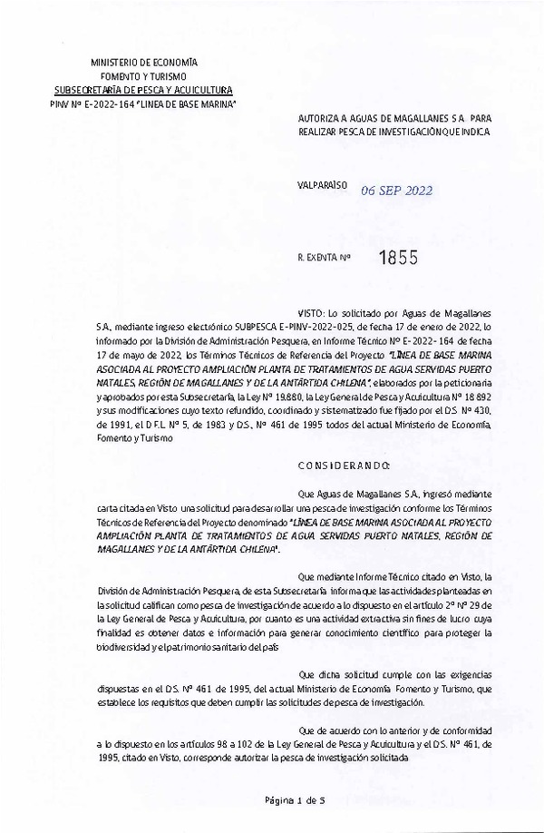 Res. Ex. N° 1855-2022 Autoriza A AGUAS DE MAGALLANES S.A. PARA REALIZAR PESCA DE INVESTIGACIÓN QUE INDICA. (Publicado en Página Web 06-09-2022)
