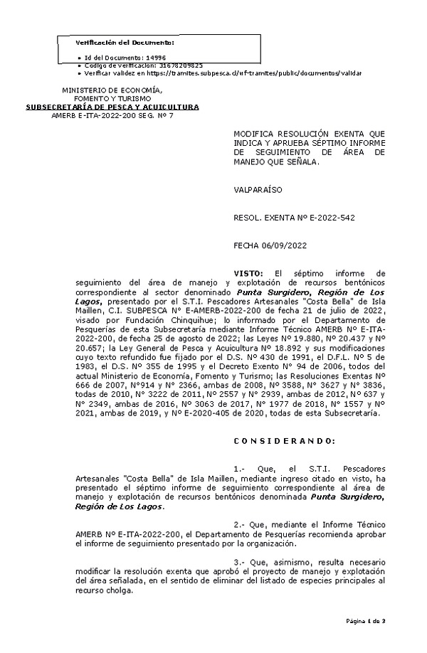 RESOL. EXENTA Nº E-2022-542 Modifica resolución que indica, aprueba 7° seguimiento. (Publicado en Página Web 07-09-2022)