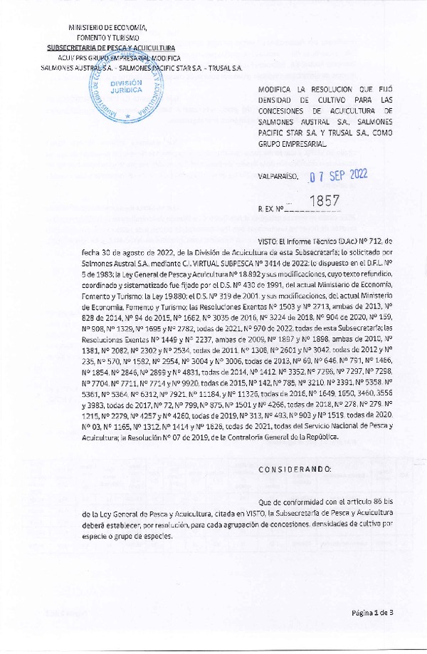 Res. Ex. N° 1857-2022 Modifica Res. Ex. N° 1850-2021 Fija densidad de cultivo para las concesiones de acuicultura de Titularidad de Cermaq Chile S.A.(Con Informe Técnico) (Publicado en Página Web 07-09-2022)