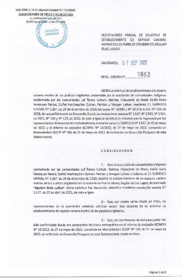 Res. Ex. N° 1863-2022 Desistimiento parcial de solicitud de establecimiento de ECMPO que indica. (Publicado en Página Web 07-09-2022)