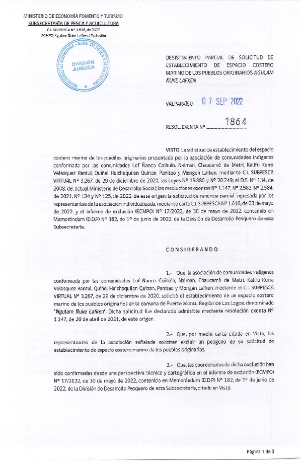 Res. Ex. N° 1864-2022 Desistimiento parcial de solicitud de establecimiento de ECMPO que indica. (Publicado en Página Web 07-09-2022)