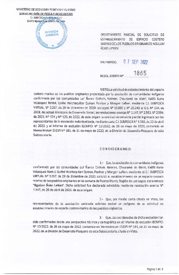 Res. Ex. N° 1865-2022 Desistimiento parcial de solicitud de establecimiento de ECMPO que indica. (Publicado en Página Web 07-09-2022)