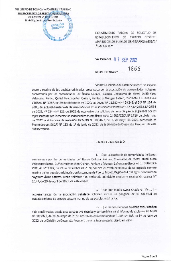 Res. Ex. N° 1866-2022 Desistimiento parcial de solicitud de establecimiento de ECMPO que indica. (Publicado en Página Web 07-09-2022)