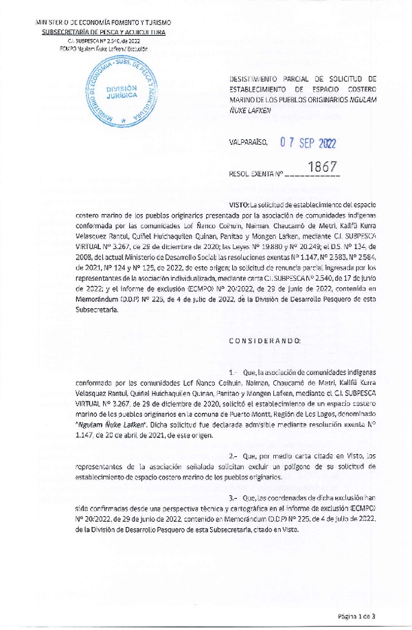 Res. Ex. N° 1867-2022 Desistimiento parcial de solicitud de establecimiento de ECMPO que indica. (Publicado en Página Web 07-09-2022)