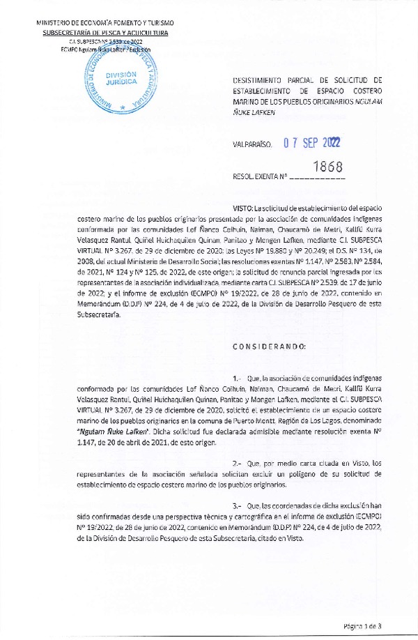 Res. Ex. N° 1868-2022 Desistimiento parcial de solicitud de establecimiento de ECMPO que indica. (Publicado en Página Web 07-09-2022)