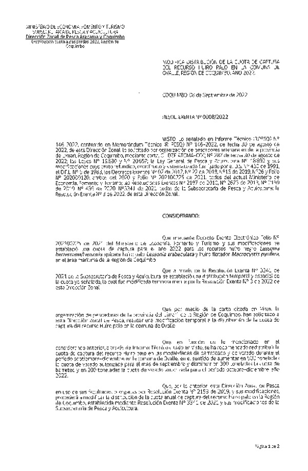 Res. Ex. N° 0008-2022 (DZP Atacama y Coquimbo) Modifica Res. Ex N° 3341-2021 Establece distribución Cuota de los recursos Huiro Negro, Huiro Palo y Huiro Flotador para el Período Extractivo y de Recolección en la Región de Coquimbo, año 2022 (Publicado en Página Web 09-09-2022)