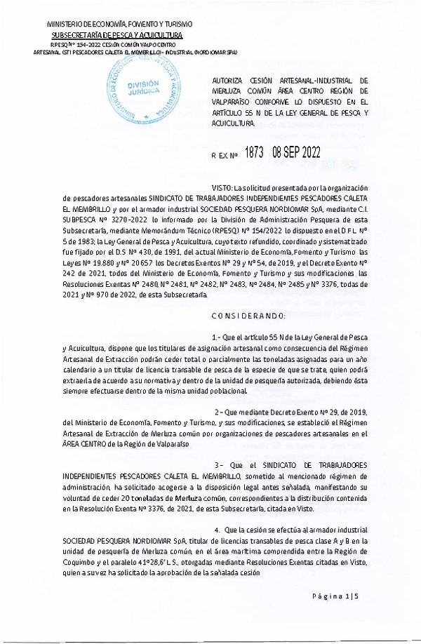 Res. Ex. N° 1873-2022 Autoriza Cesión de Merluza Común Área Centro Región de Valparaíso. (Publicado en Página Web 09-09-2022)