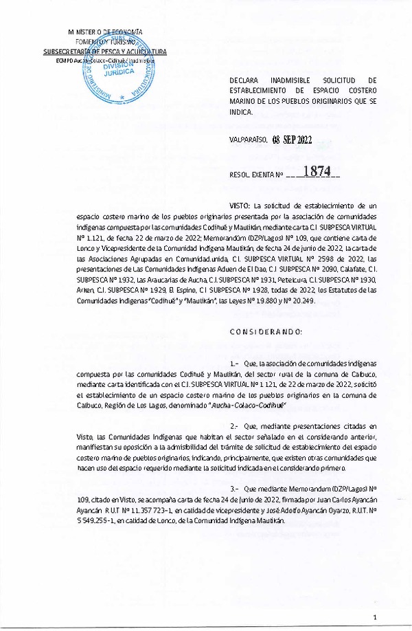 Res. Ex. N° 1874-2022 Declara Inadmisible solicitud de establecimiento de ECMPO que indica. (Publicado en Página Web 09-09-2022)