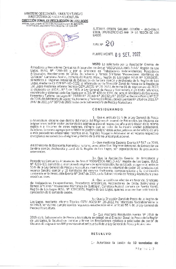 Res. Ex. N° 20-2022 (DZP Los Lagos) Autoriza cesión sardina común y anchoveta Región de Los Lagos. (Publicado en Página Web 09-09-2022)