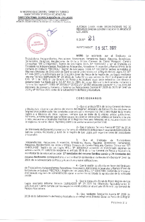 Res. Ex. N° 21-2022 (DZP Los Lagos) Autoriza cesión sardina común y anchoveta Región de Los Lagos. (Publicado en Página Web 09-09-2022)