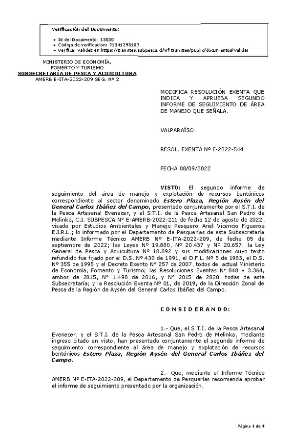 RESOL. EXENTA Nº E-2022-544 Modifica Resolución que indica. Aprueba 2° Seguimiento. (Publicado en Página Web 12-09-2022)