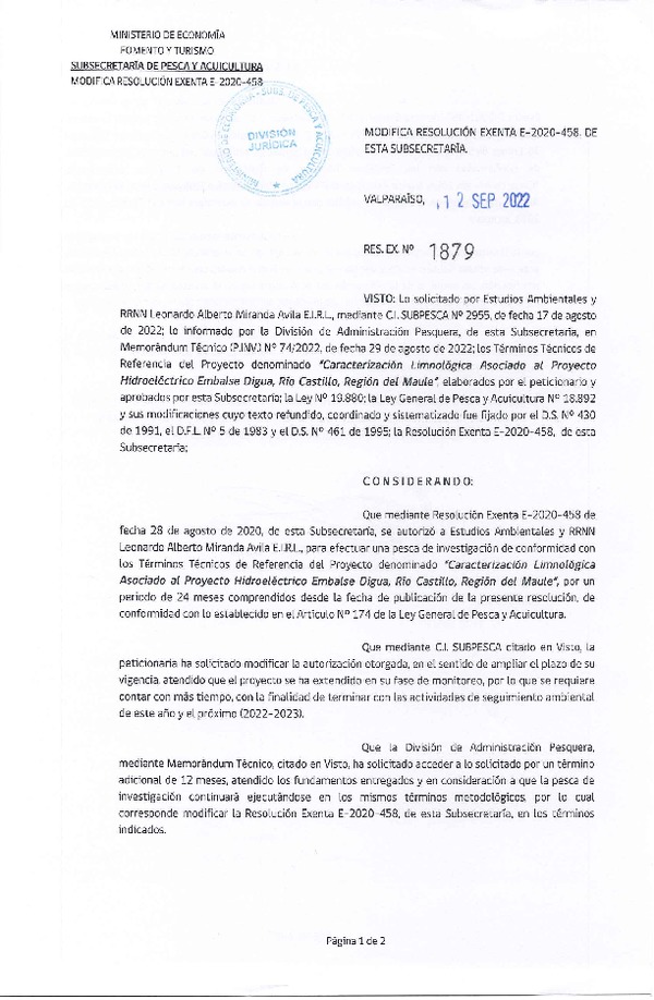 Res. Ex. N° 1879-2022 Modifica R. EX. Nº E-2020-458 Caracterización Limnológica Asociado al Proyecto Hidroeléctrico Embalse Digua, Río Catillo, Región del Maule. (Publicado en Página Web 13-09-2022)