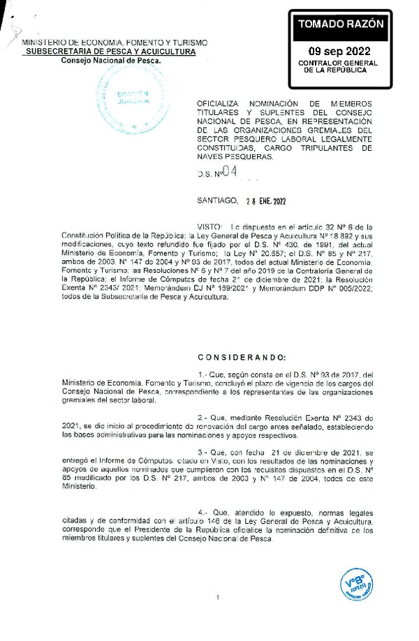 D.S. 04-2022 Oficializa Nominación de Miembro Titulares y Suplentes del Consejo Nacional de Pesca, en Representación de las Organizaciones Gremiales del Sector Pesquero Laboral Legalmente Constituidas, Cargo Tripulantes de Naves Pesqueras. (Publicado en Página Web 14-09-2022)